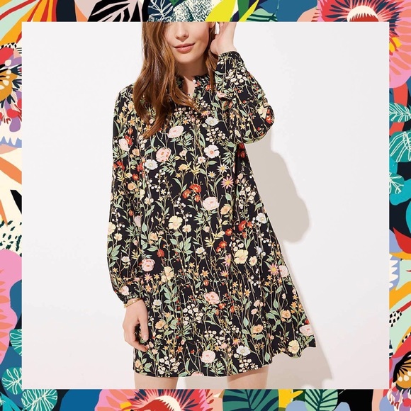 LOFT Dresses & Skirts - LOFT Black Floral Long Sleeved Ruffle Neck Dress